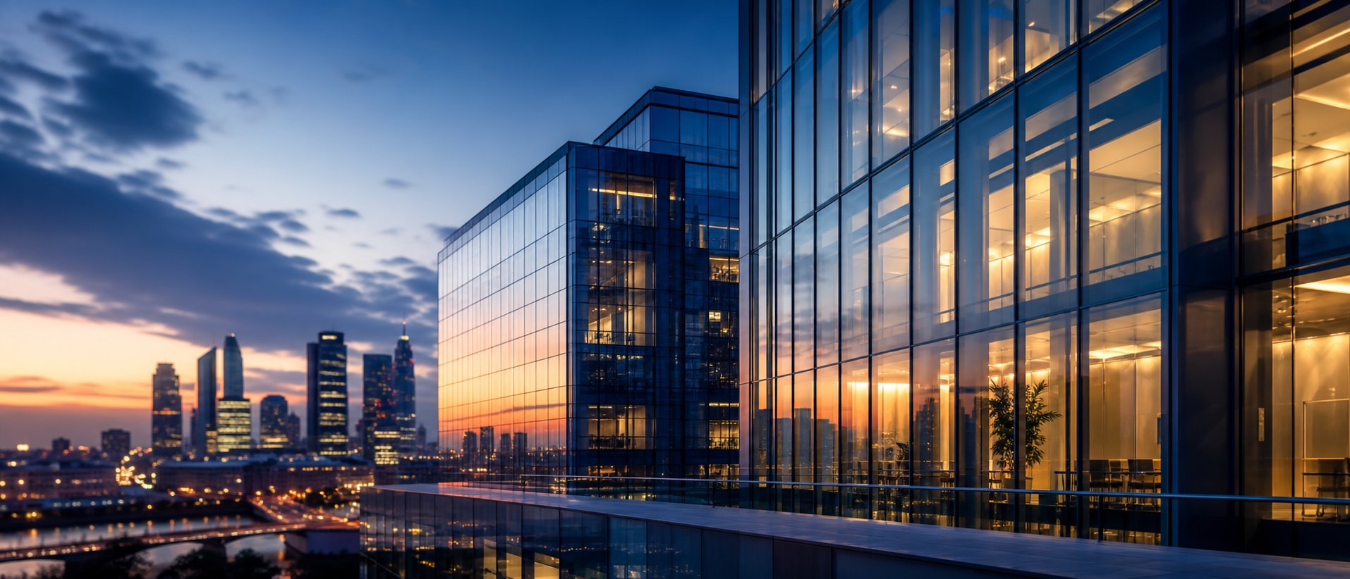 Modern corporate tower at dusk